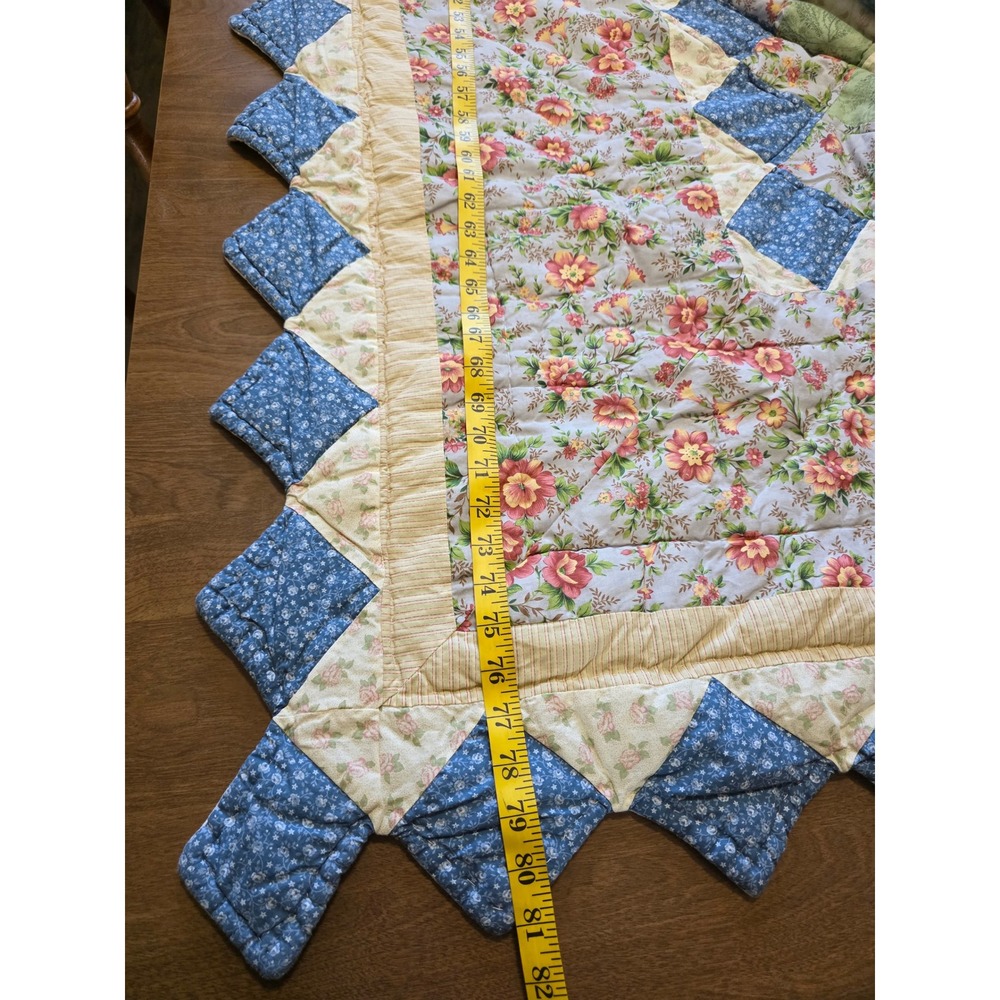 Handmade Patchwork Quilt Floral Gingham Blue Green Yellow Sawtooth Border 81x78 - Picture 7 of 10